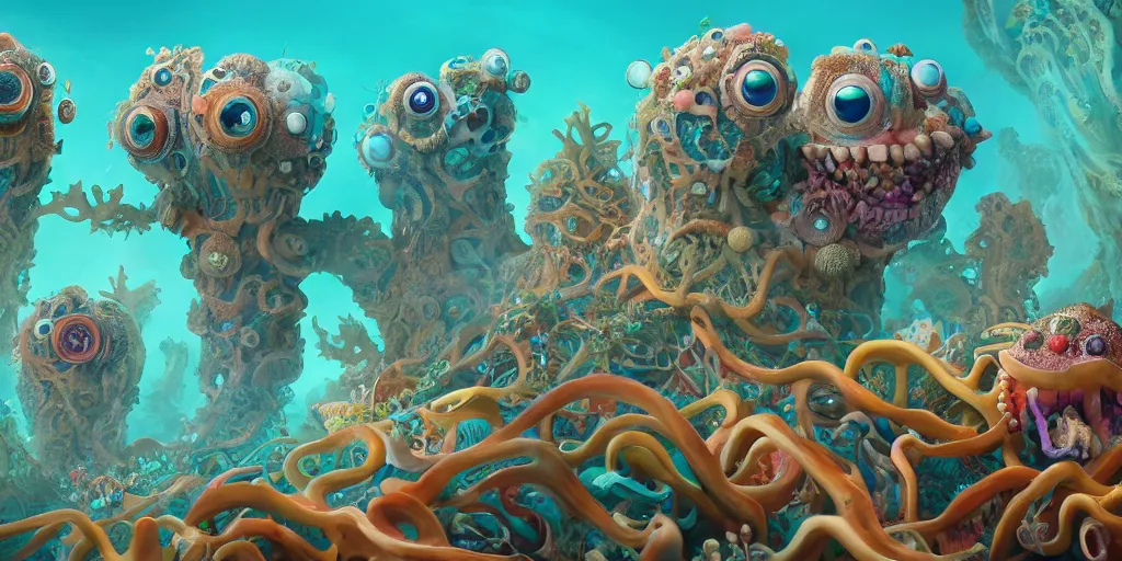 Image similar to of an intricate sea reef with strange cute friendly happy creatures with huge eyes, mouth, long tongue, round teeth and goofy face, appearing from the background, in the style of gehry and gaudi, macro lens, shallow depth of field, ultra detailed, digital painting, trending artstation, concept art, illustration, cinematic lighting, photorealism, epic, octane render