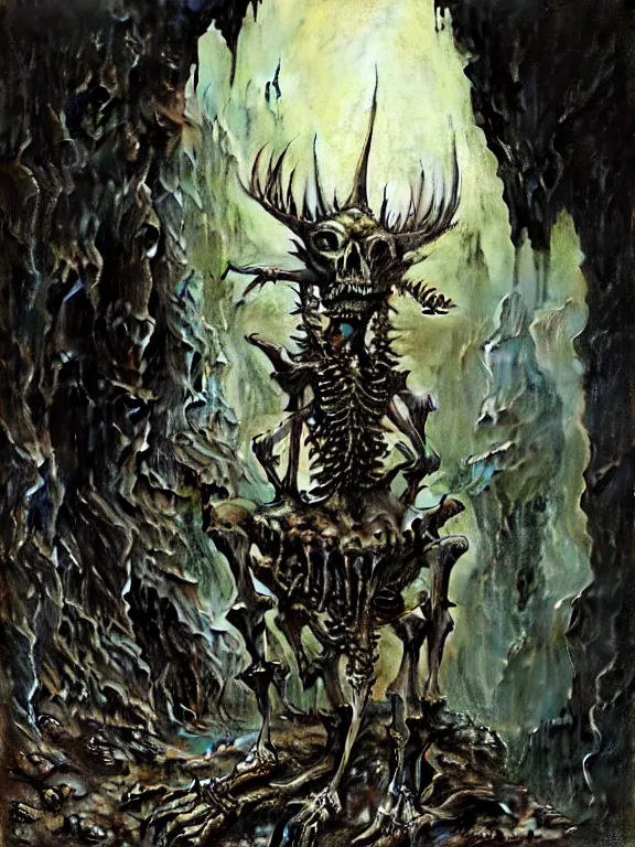 Prompt: A spiked horned skeleton with armored joints stands in a cave. Extremely high detail, realistic, fantasy art, solo, masterpiece, saturated colors, bones, ripped flesh, art by Zdzisław Beksiński, Arthur Rackham, Dariusz Zawadzki