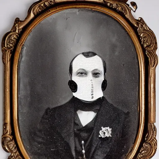 Image similar to photo portrait of 19 century metal fine detail engravings runes face mask cultist lord rich baron by Diane Arbus and Louis Daguerre