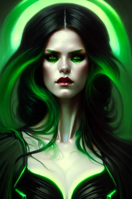 Image similar to portrait of a dark fantasy seductive female necromancer, stylish black dress, green eyes, long red hair, fantasy, elegant, intricate, full frontal shot, highly detailed, digital painting, artstation, concept art, sharp focus, illustration, art by artgerm and greg rutkowski and alphonse mucha