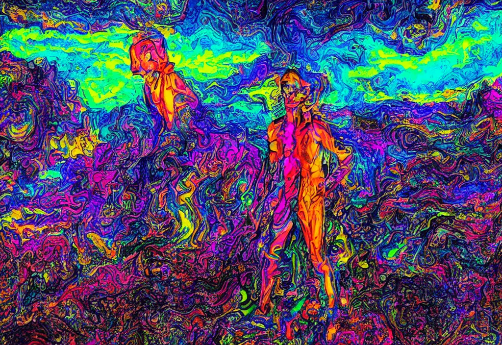 Image similar to psychedelic man on top of a mountain