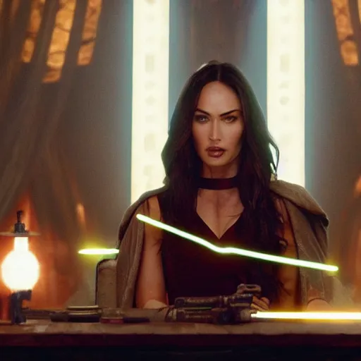 Image similar to Still of Megan Fox on the Jedi Council, Star Wars | Cinematic Lighting, beautiful composition, 8K resolution