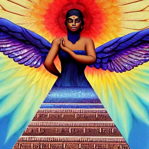 Prompt: isis depicted as a black woman with large iridescent wings in front of a crystal pyramid by Aliza Razell, lisa frank, and thomas blackshear, oil on canva