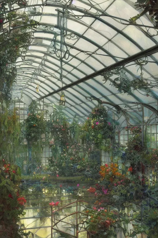 Image similar to a beautiful painting of a greenhouse, rainy, gloomy, dark, shimmering and prismatic, rococo, by krenz cushart and mucha and monet, trending on artstation.