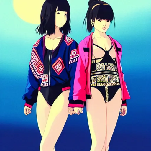 Image similar to a beautiful plus sized model japanese natalie portman, alluring, wearing oversized mayan bomber jacket and leotard with overalls, bulky poofy bomber jacket with mayan patterns, aztec street fashion, gapmoe yandere grimdark, trending on pixiv fanbox, painted by greg rutkowski makoto shinkai takashi takeuchi studio ghibli, akihiko yoshida