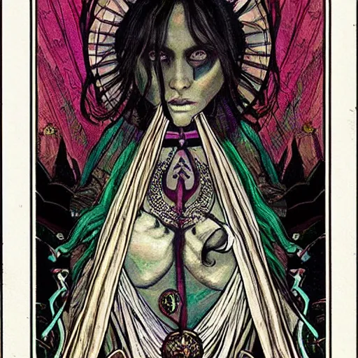 Prompt: “ tarot card of a very beautiful sinister gypsy, doing dark magic, ominous supernatural glow on edge of body, art nouveau style, 4 k, hyper realistic, highly detailed, featured on artstation ”