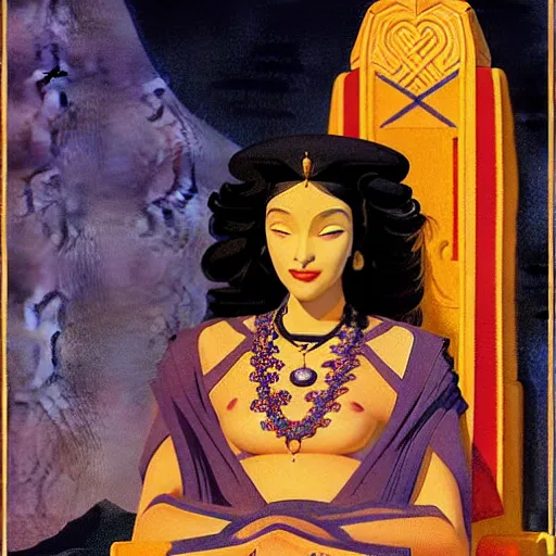 Image similar to an illustration of an ivory skin with dark curly hair queen on a throne, by nicholas roerich, by frank frazetta by georgia o keeffe by frederick william elwell, by hans emmenegger, by eyvind earle highly detailed, realistic, outline, line work, fantasy, oriental, stylised flat colors, animation