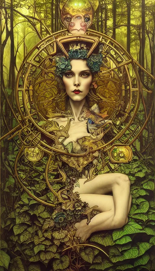 Image similar to M. C. Escher time machine, lush forest painted by tom bagshaw, mobius, mucha M. C. Escher, gold paint, ink, gnarly details