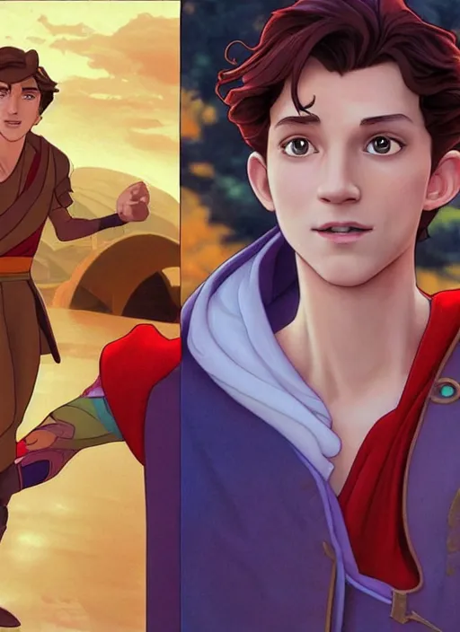 Prompt: skinny young tom holland as prince ali ababwa, cinematic lighting, path traced, highly detailed, high quality, beautiful digital painting, by don bluth and ross tran and studio ghibli and alphonse mucha, artgerm