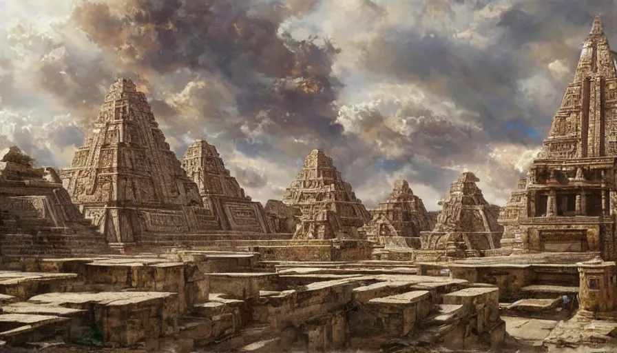 Prompt: excellent hyperrealist painted futuristic Aztec temples somewhere in Europe with fluffy clouds, painted by Hans Fredrik Gude, Greg Rutkowksi, Craig Mullins and Artgerm, masterpiece, 4k, ultra realistic highly detailed oil painting