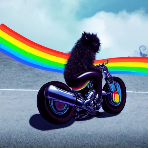 Image similar to wide angle full body, jacket wearing fluffy cute rainbow kitten wearing a black leather motorcycle jacket, riding on a motorcycle, cinematic concept art