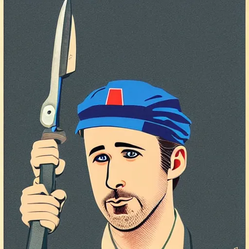 Image similar to realistic portrait of ryan gosling as a mechanic in beret, with a huge wrench, futuristic, highly detailed, 7 0 - s style poster, sharp focus, illustration, art by kawase hasui,