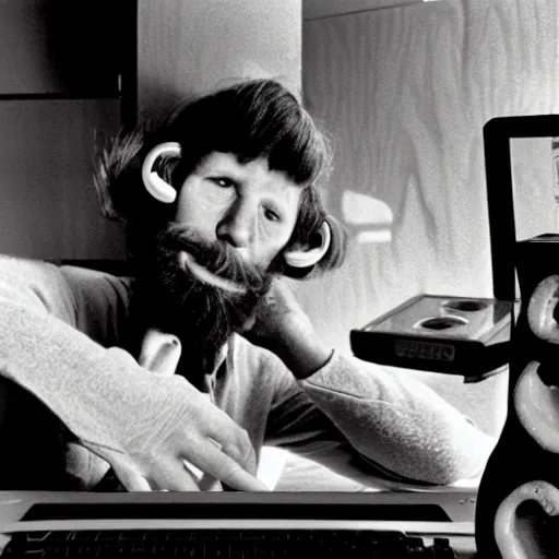 Prompt: a black and white photograph of a computer experiencing sensory information, by robert crumb, by jim henson, high contrast, soft lighting, surreal, film photography