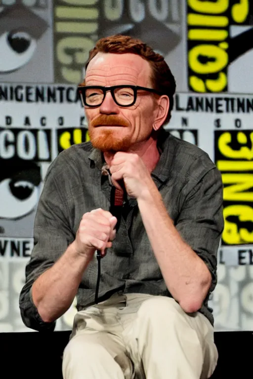 Prompt: candid photo of Bryan Cranston cosplaying Hermione Granger at ComicCon