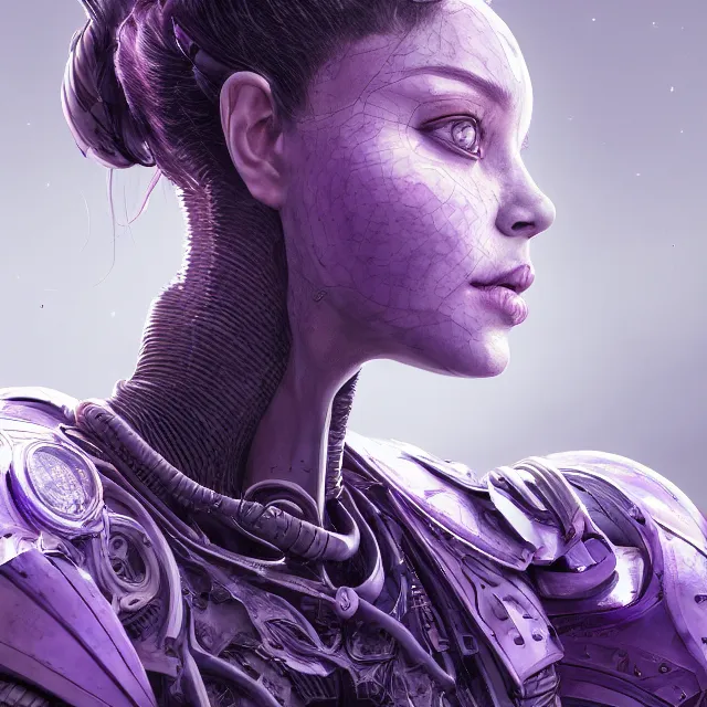 Prompt: facial portrait of a woman in powerful purple sci - fi armor with a black ponytail, elegant, stoic, intense, ultrafine hyperdetailed illustration by kim jung gi, irakli nadar, intricate linework, sharp focus, bright colors, octopath traveler, final fantasy, unreal engine 5 highly rendered, global illumination, radiant light, detailed, intricate environment