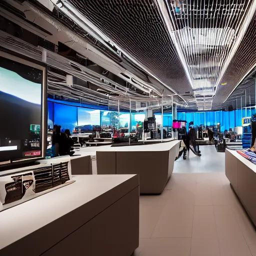 Prompt: interior photography of a Microsoft Samsung flagship store in the style of Denis Villeneuve, guardians of the Galaxy the last jedi, retaildesignblog, dezeen, 14mm, pentax, film