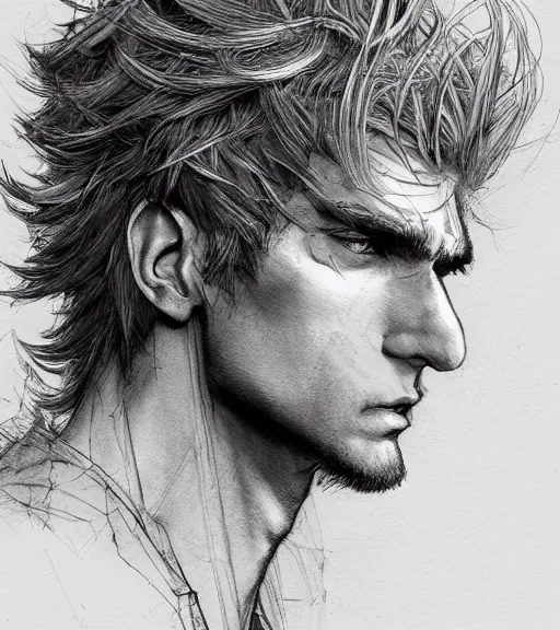 Image similar to portrait of xqc with a strong jawline, pen and ink, intricate line drawings, gigachad, by craig mullins, ruan jia, kentaro miura, greg rutkowski, loundraw
