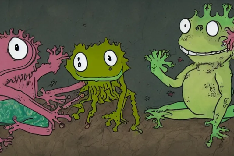 Image similar to a full color still frame from a freaky kids tv show about a gross hairy frog and a sad dumb ghost, tickle fight in the death tent, horror vibe, grunge, despair