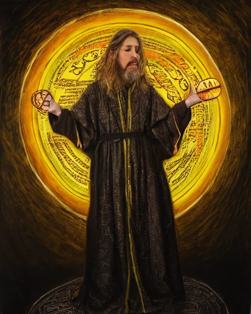 Prompt: encaustic painting of mage reciting an incantation and standing on glowing circular runes in the middle of dark room, high production value, intricate details, high resolution, hyperrealistic, hdr, high definition, masterpiece, ultra realistic, highly detailed, hd, sharp focus, non blurry, sharp, smooth