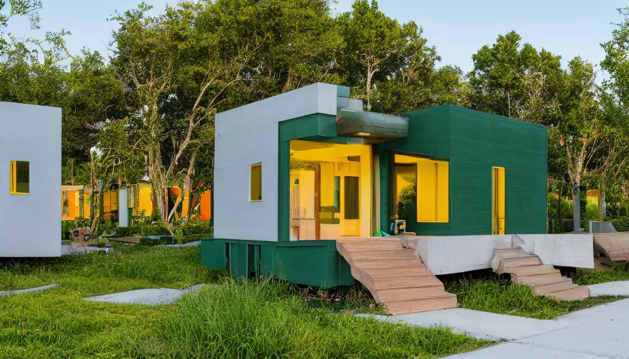 Image similar to A wide image of an eco-community neighborhood of innovative contemporary 3D printed prefab sea ranch style cabins with rounded corners and angles, beveled edges, made of cement and concrete, organic architecture, in a lush green eco community with side walks, parks and public space , Designed by Gucci and Wes Anderson, golden hour