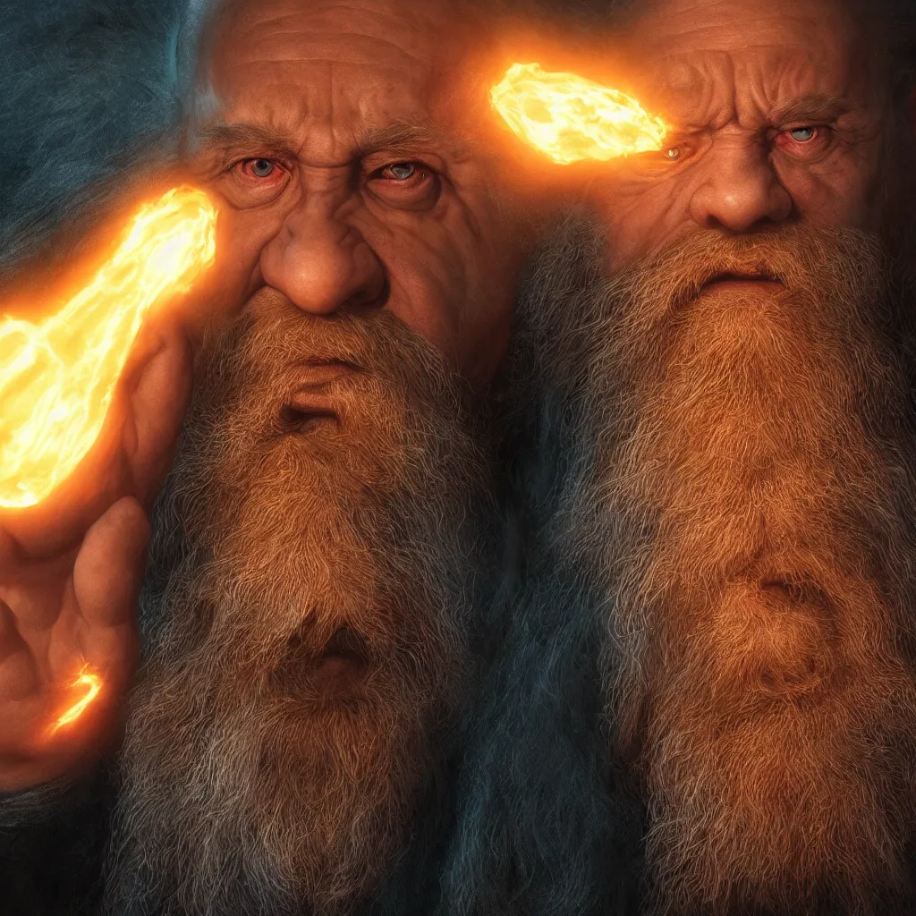 Image similar to Photorealistic cinematic close-up portrait of one angry dwarf wizard casting a fireball spell, by Larry Elmore and Steven Belledin . Magical occult photorealism, UHD, amazing depth, glowing, golden ratio, 3D octane cycle unreal engine 5, volumetric lighting, cinematic lighting, cgstation artstation concept art