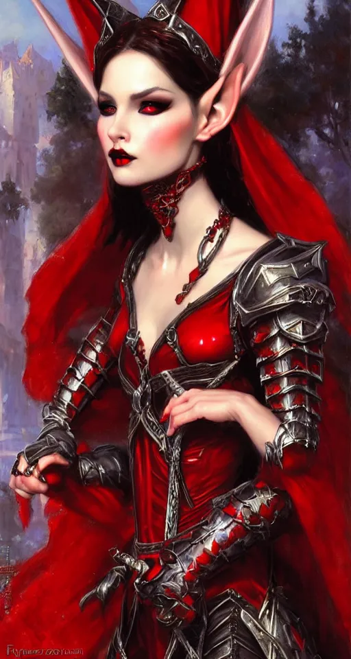 Image similar to Gothic elf princess in red dragon armor by Konstantin Razumov, face close up