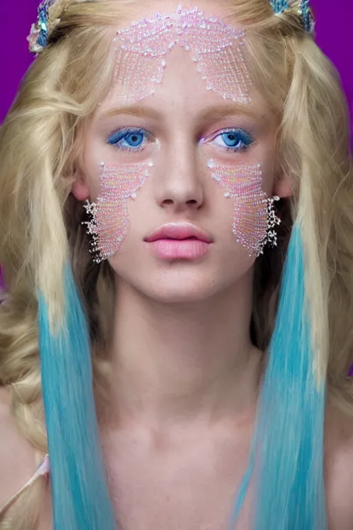 Image similar to a princess with long blonde hair and light blue eyes wearing a strapless elaborately beaded pink dress, high resolution film still, 8k, HDR color, film by Simon Langton and David Frankel, triangular face, very light freckles, round narrow chin, straight jawline, natural lips, high cheekbones, beautiful gazing eyes