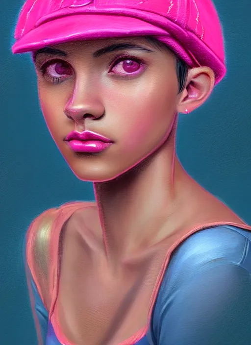 Image similar to portrait of teenage vanessa morgan with bright pink hair, black girl, curly pixie cut hair, wearing newsboy cap, pink short haircut, newsboy cap, hoop earrings, blue eyes, intricate, elegant, glowing lights, highly detailed, digital painting, artstation, concept art, smooth, sharp focus, illustration, art by wlop, mars ravelo and greg rutkowski