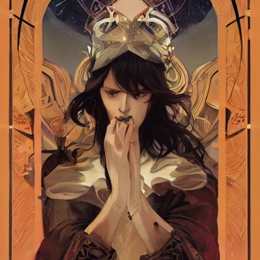 Image similar to the star tarot card, elegant, dramatic lighting, graphic art, volumetric lighting, sharp focus, detailled, by Krenz Cushart and Artem Demura and Alphonse Mucha