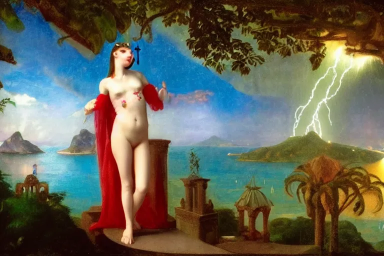 Image similar to Jester girl at the palace of the occult, refracted sparkles, thunderstorm, greek pool, beach and Tropical vegetation on the background major arcana sky and occult symbols, by paul delaroche, hyperrealistic 4k uhd, award-winning, very detailed paradise