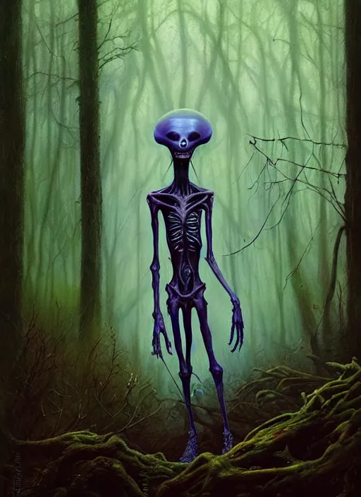 Image similar to hyper realistic spooky alien in the woods in a river gorgeous lighting, lush forest foliage blue sky a hyper realistic painting by chiara bautista and beksinski and norman rockwell and greg rutkowski, tom bagshaw weta studio, and lucasfilm