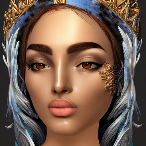 Prompt: Artemixel, the modern reincarnation of the old selenium god of hunt, also known as Artemis the Selene, carrying the celebrated Crown of the Crescent Moon, wich its usual bright and slightly bluish crescent like the brightness of the night. Portrait, sophisticated, by trending on Artstation