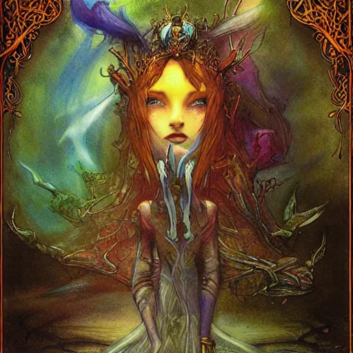 Image similar to queen of the dreamlands, misty night, beautiful! coherent! by brian froud, deep colors, strong lines, high contrast