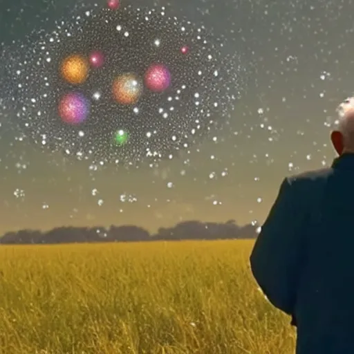 Image similar to an old man in a field looking at multiverse bubbles in the sky, scene from a star trek movie