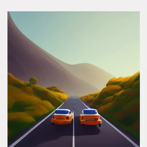 Image similar to goro fujita ilustration car on the highway, in the distance you can see the mountains, painting by goro fujita, sharp focus, highly detailed, artstation