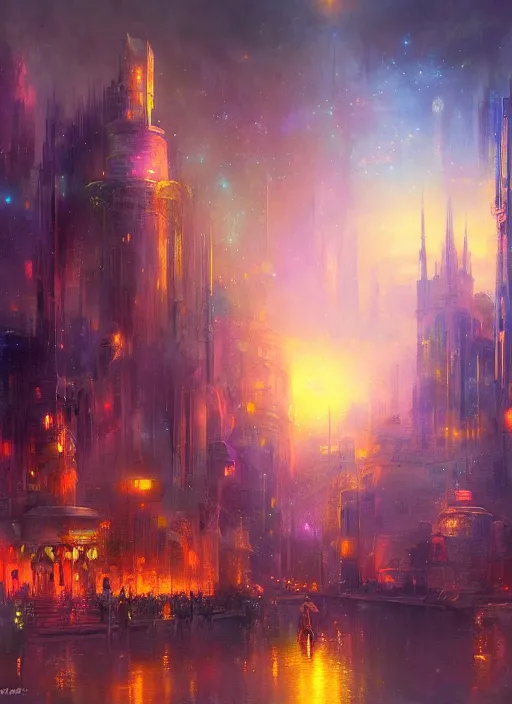 Prompt: ethereal starlit city of magic lost in time at sunset, art station, italian futurism, matte painting, johan grenier, hd, digital painting