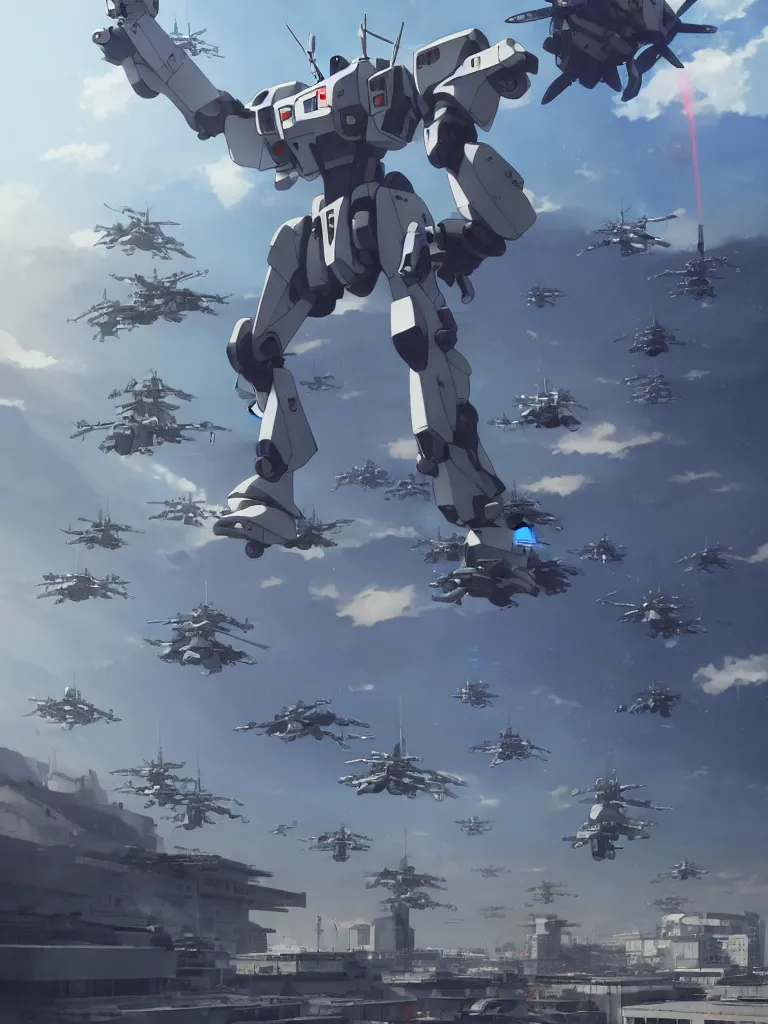 Image similar to Beautiful Epic scene of a beautiful gigantic Patlabor style mech being air lifted by futuristic helicopters above a futuristic Tokyo style military city, by Greg Rutkowski and Krenz Cushart and Pan_Ren_Wei and Hongkun_st and Bo Chen and Enze Fu and WLOP and Alex Chow, Madhouse Inc., anime style, crepuscular rays, set in rainy futuristic cyberpunk Tokyo street, dapped light, dark fantasy, cgsociety, trending on artstation
