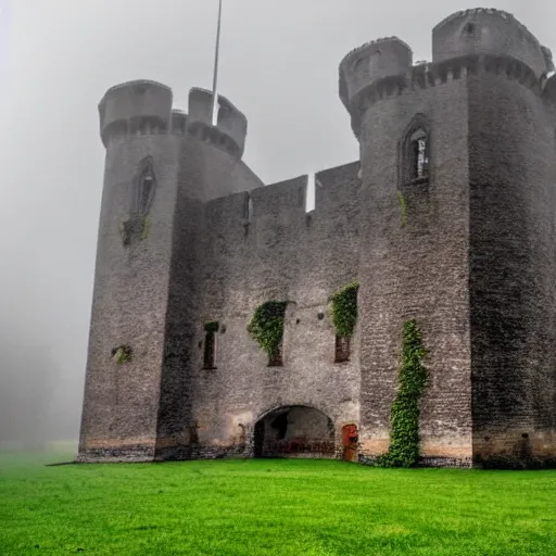 Prompt: wide shot of abandoned castle surrounded by gigantic towers and tall impenetrable walls, attacked by titanic green goblins in fog