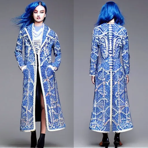 Image similar to fashion 2 0 5 0 fantastic openwork long coat with intricate pattern on a beautiful symmetrical girl with blue hair, hyper realistic photos