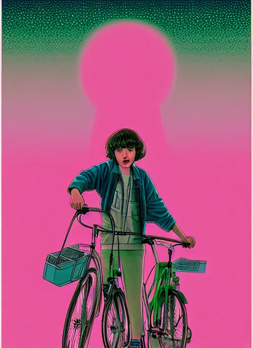 Image similar to realistic poster of stranger things, futuristic, dreamy, in shades of pink and green light, highly detailed, 8 0 - s style poster, sharp focus, illustration, art by kawase hasui,