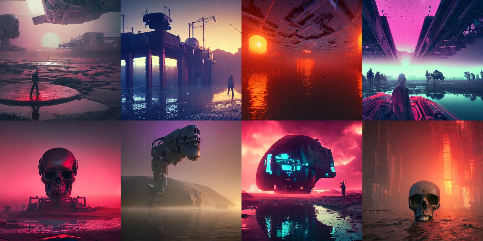 Image similar to beautiful dark bloody flooded landscape, giant robot human skull gears, in the style of beeple and Mike Winkelmann, photo real, ultra realistic, intricate, epic lighting, 8k resolution, unreal engine 5, ultraviolet colors,