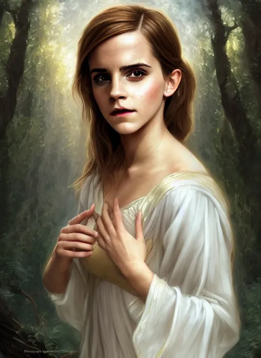 Image similar to emma watson as magic healer celestial, long hair, white and gold cloth, lake in the forest, D&D, shiny background, intricate, elegant, highly detailed, digital painting, artstation, concept art, smooth, sharp focus, illustration, artgerm, bouguereau