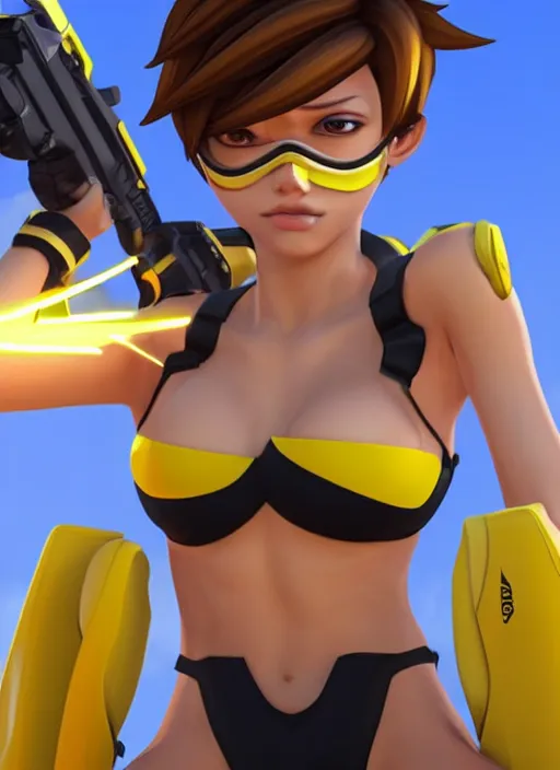 Image similar to tracer game character, in yellow bikini, blonde hair, black eyes, full height