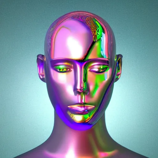 Image similar to 3d render of holographic human robotic head made of glossy iridescent, surrealistic 3d illustration of a human face non-binary, non binary model, 3d model human, cryengine, made of holographic texture, holographic material, holographic rainbow, concept of cyborg and artificial intelligence