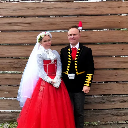 Prompt: 14th wedding anniversary of a Welsh man and a Latvian woman in national costume