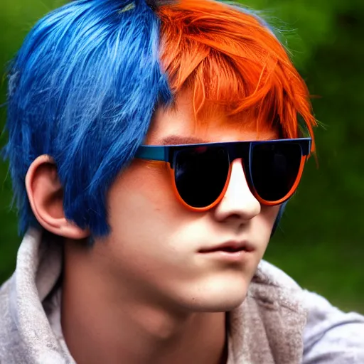 Prompt: teenage boy with kamina shades and sharp white hair, orange eyes.