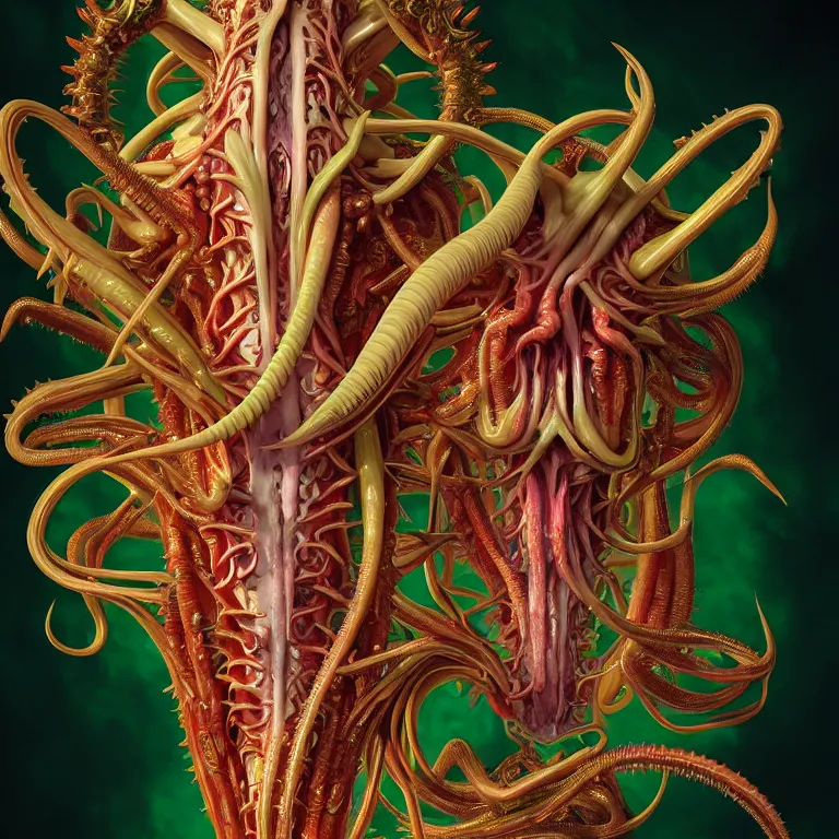 Prompt: symmetrical surreal baroque painting detail tropical flowers plants blooming xenomorph sorayama glossy metallic spine spinal tentacles muscle tissue ribs spine spiky made of glass white meat trippy colors baroque painting, beautiful detailed intricate insanely detailed octane render trending on Artstation, 8K artistic photography, photorealistic, chiaroscuro, Raphael, Caravaggio