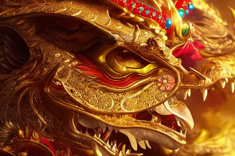 Image similar to cinematic closeup portrait of a golden chinese dragon intricately decorated with colorful jewels, bokeh, sunlit, godrays, detailed textures, dramatic lighting, unreal engine, cgsociety, artstation, 4k