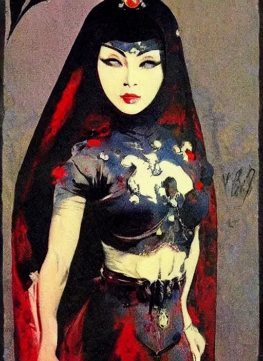 Image similar to svelt iranian korean vampiress, jeweled veil, strong line, saturated color, beautiful! coherent! by frank frazetta, high contrast, minimalism