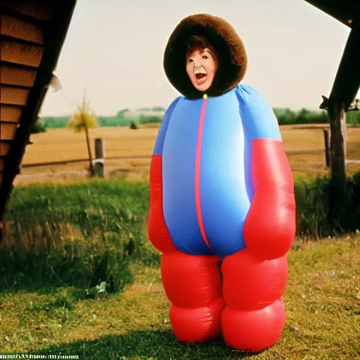 Prompt: middle-aged woman dressed as an inflatable toy, in the countryside 1979 arthouse film, archival footage, technicolor film expired film